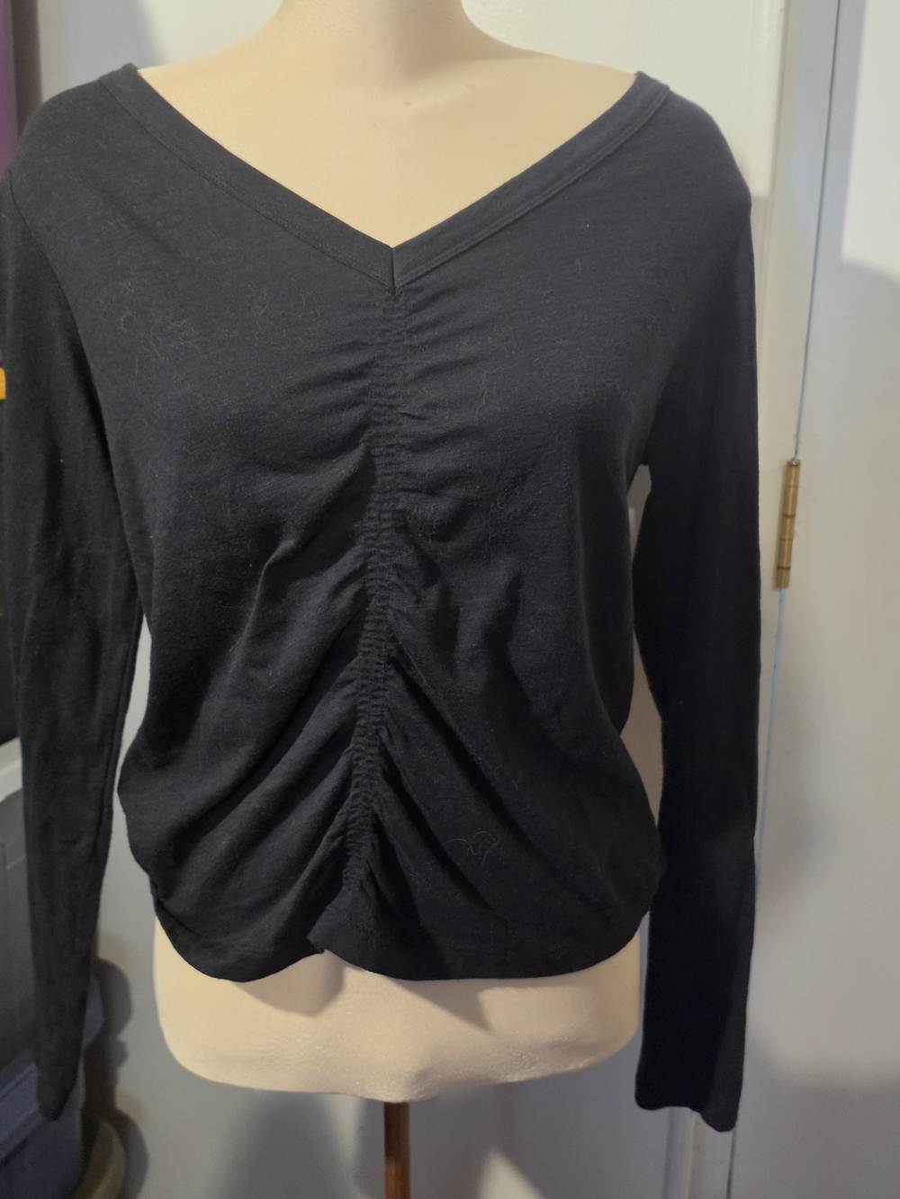 LOFT Black Ruched V-Neck Long Sleeve Tee